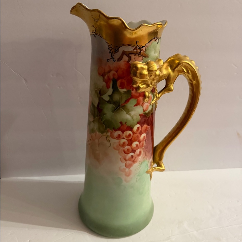 Vintage Antique Limoges Jean Pouyat Grape Tankard with Dragon Handle 15”H